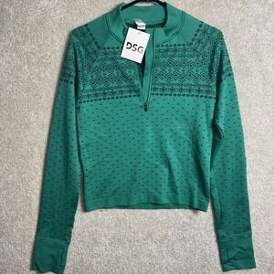 DSG 1/4 Zip Women Small Seamless Green Fair Isle Workout Ski Shirt Long Slv‎ NEW